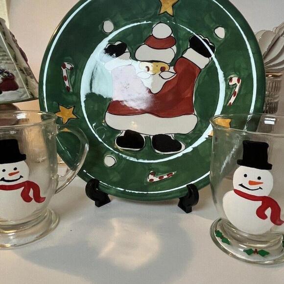 Gibson Christmas Santa Cookie Plate & Anchor Hocking Snowmen Cups Hostess Set - Picture 5 of 9